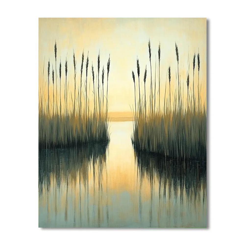 Claude Monet Inspired Pale Gold Sunrise Over Marsh Reeds paint by numbers