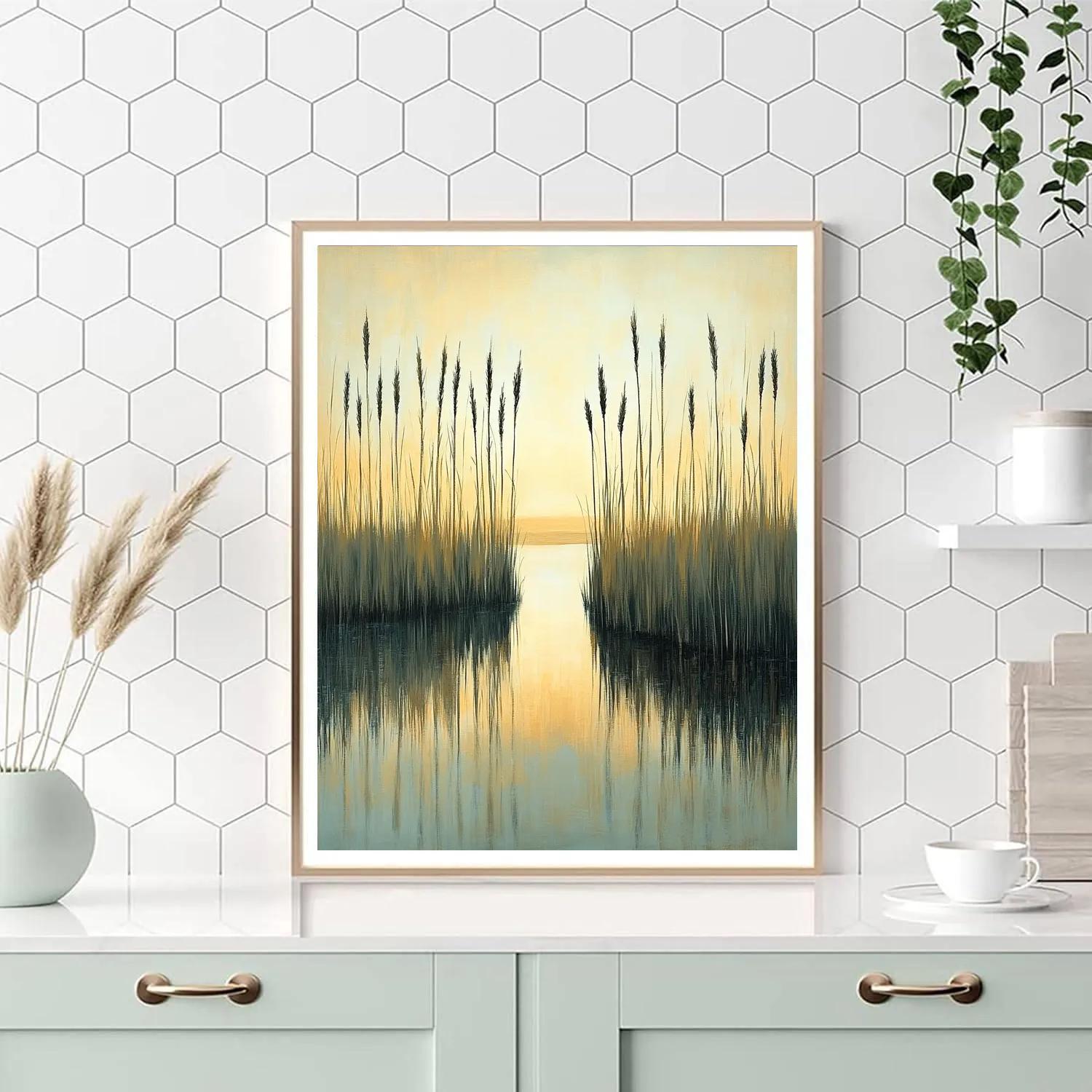 Claude Monet Inspired Pale Gold Sunrise Over Marsh Reeds paint by numbers