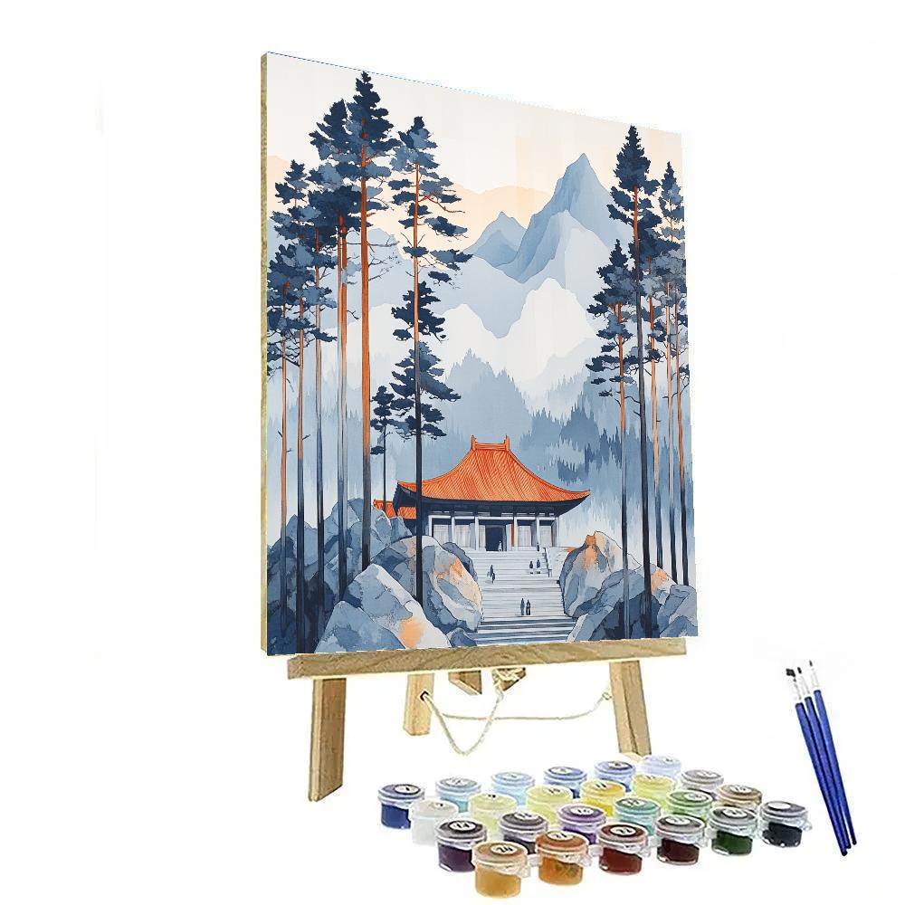 Hokusai Inspired Temple Among Pines paint by number