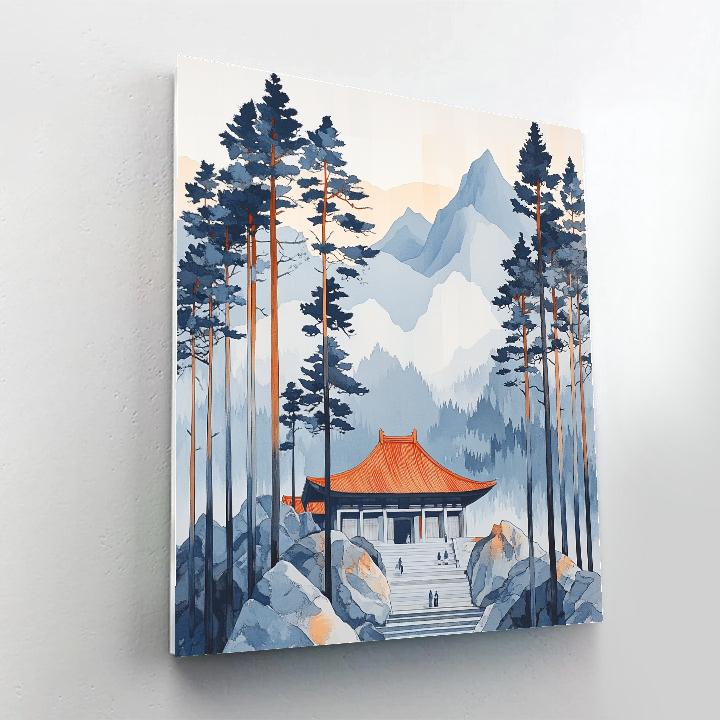 Hokusai Inspired Temple Among Pines paint by number