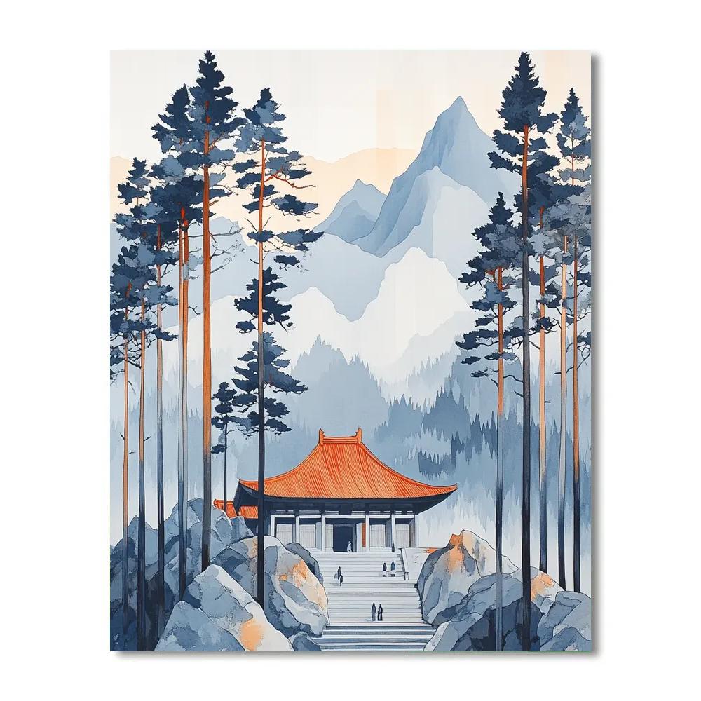 Hokusai Inspired Temple Among Pines paint by number