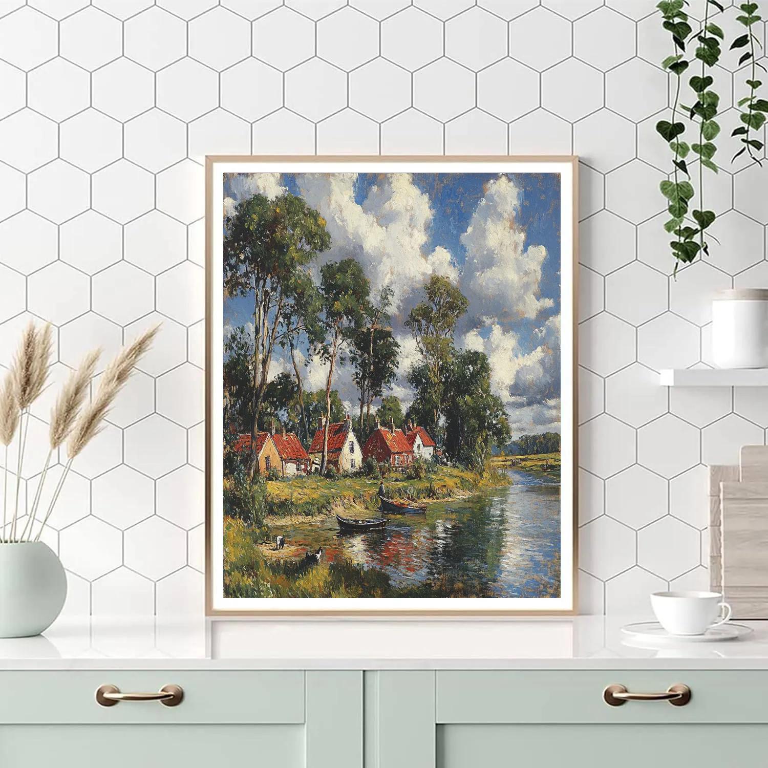 John Constable Inspired Riverside Village Morning Number painting