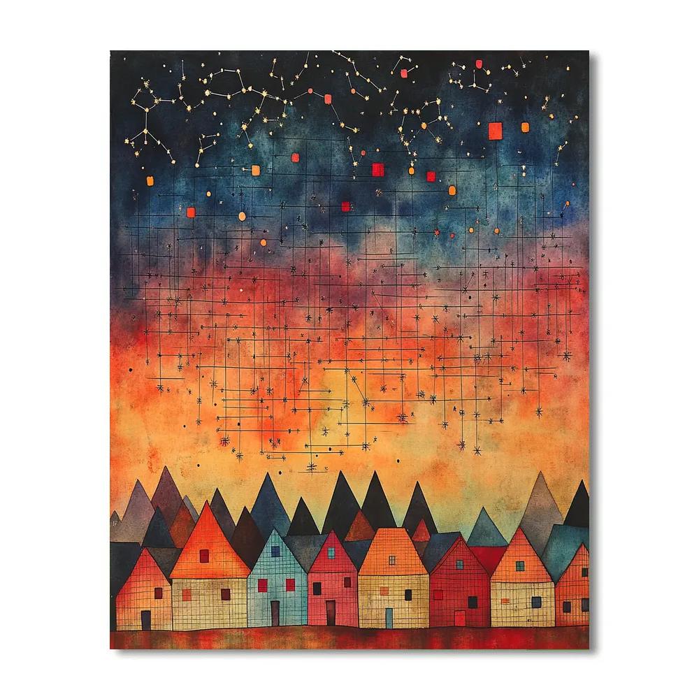 Paul Klee Inspired Starfield Over Village Roofs paint by color
