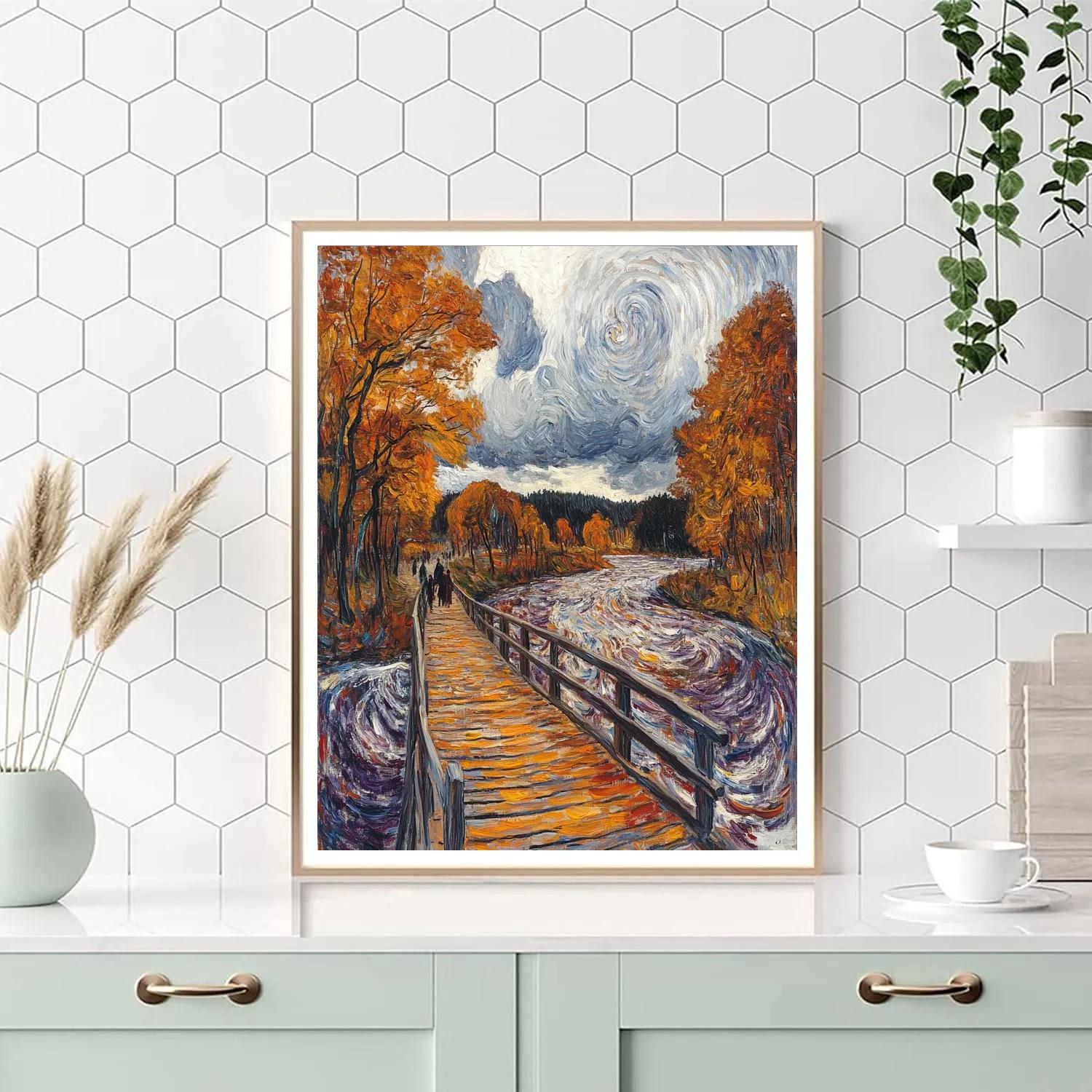 Edvard Munch Inspired Bridge In Autumn Rain paint by color