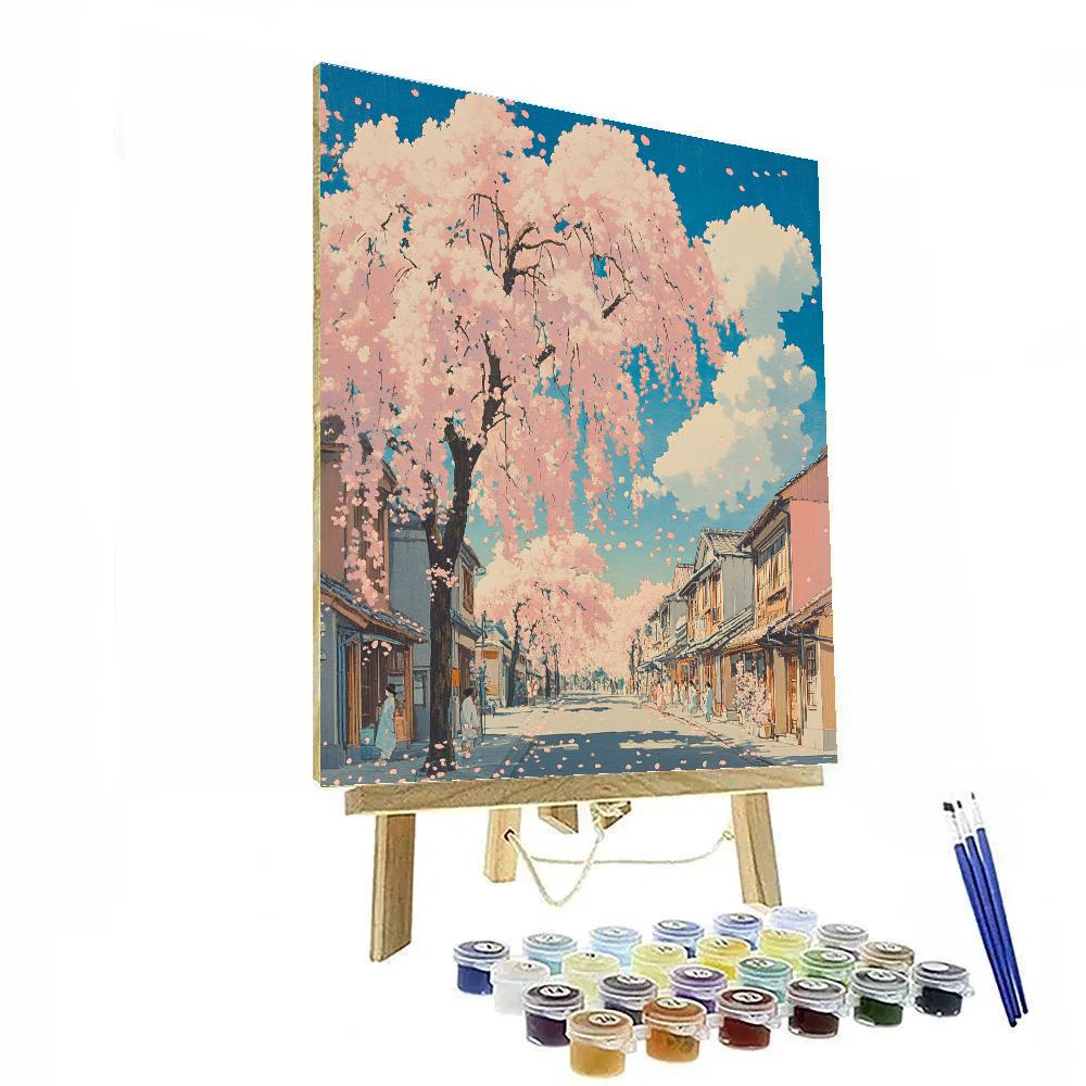 Hokusai Inspired Blossoming Cherry Street paint by numbers