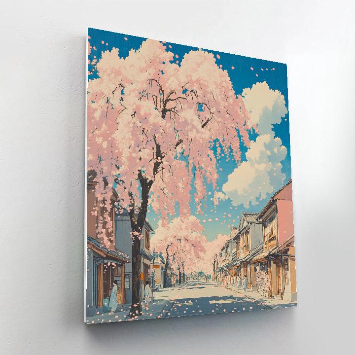 Hokusai Inspired Blossoming Cherry Street paint by numbers