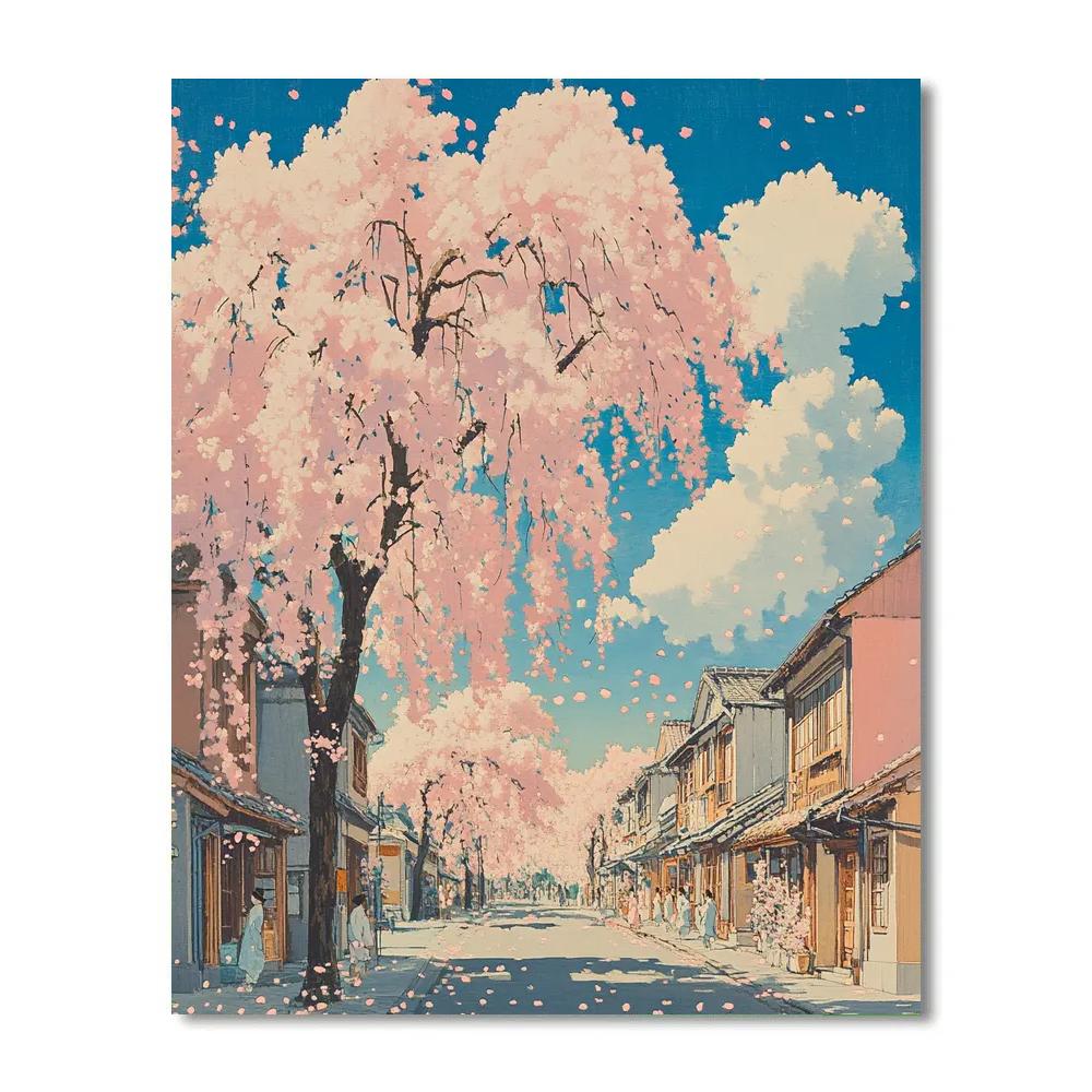 Hokusai Inspired Blossoming Cherry Street paint by numbers