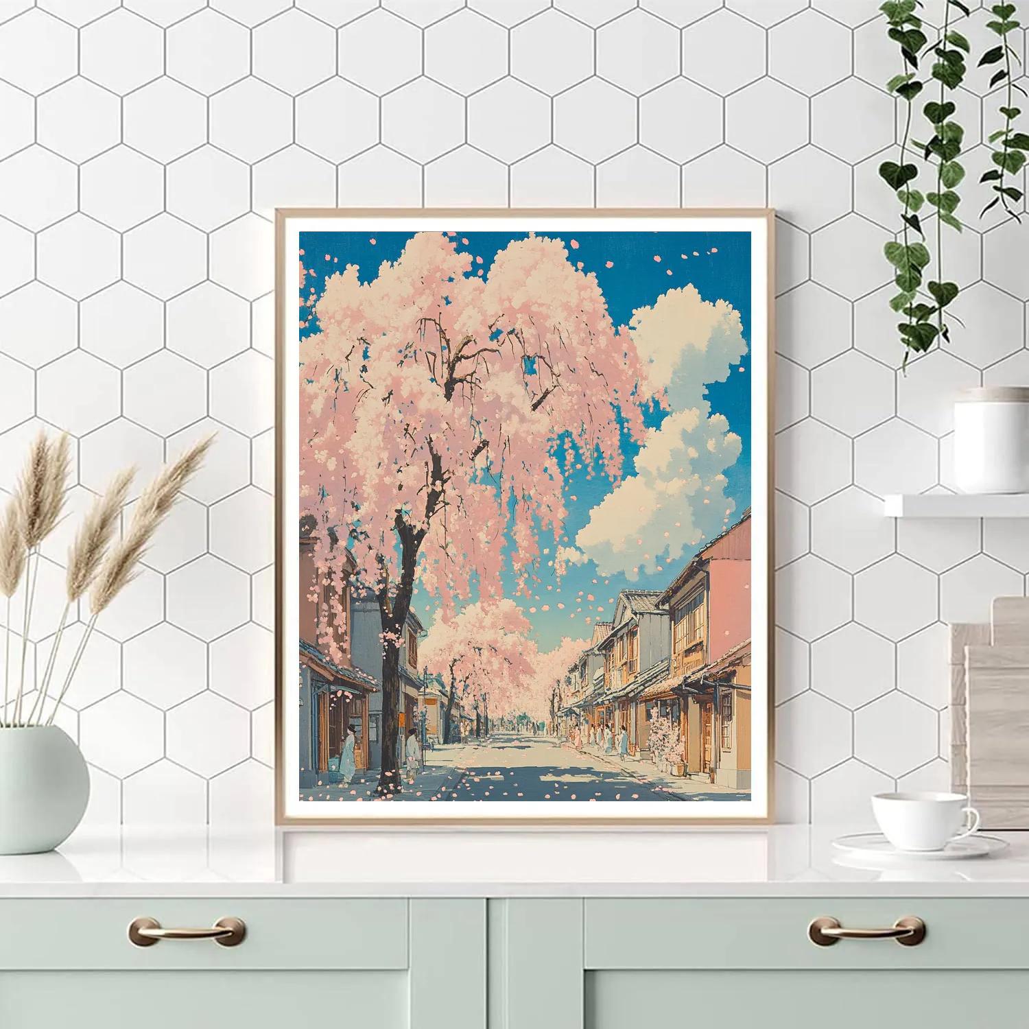 Hokusai Inspired Blossoming Cherry Street paint by numbers