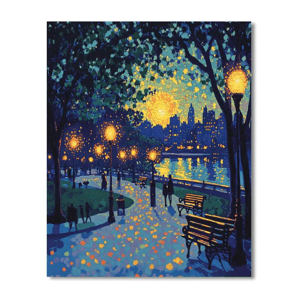 Seurat Inspired City Park At Twilight paint by color