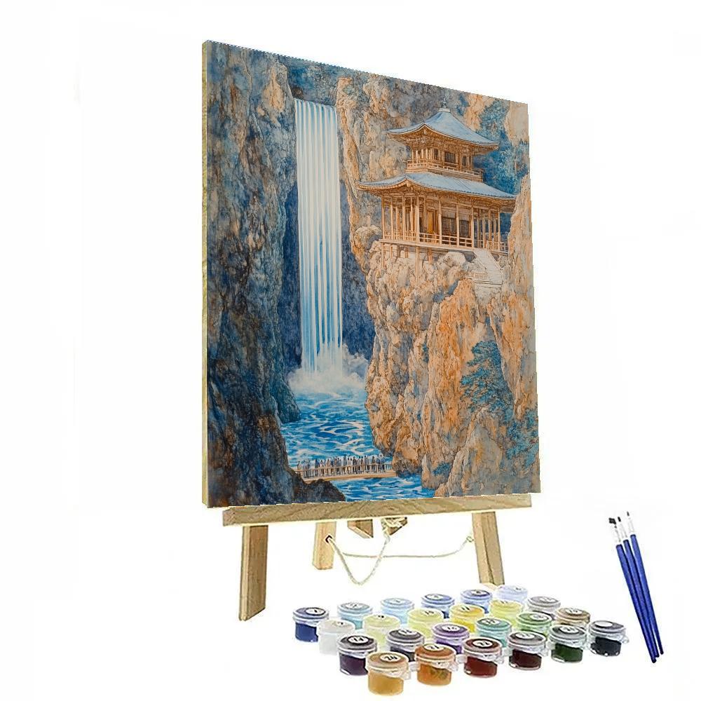 Hokusai Inspired Temple At Waterfall paint by number