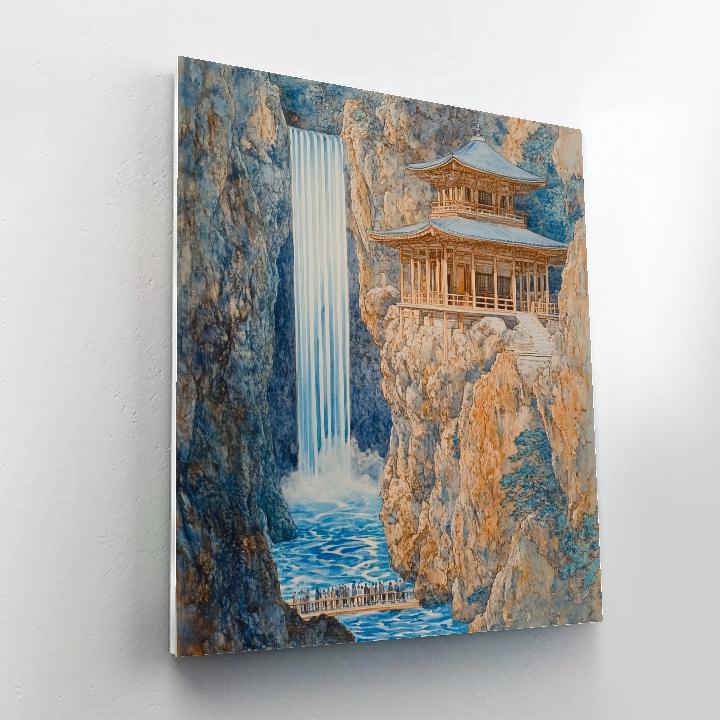 Hokusai Inspired Temple At Waterfall paint by number