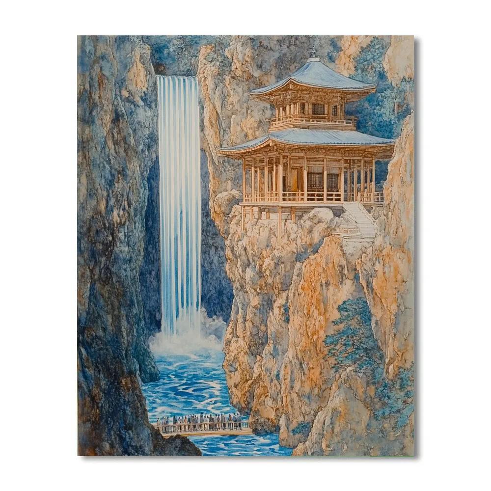 Hokusai Inspired Temple At Waterfall paint by number