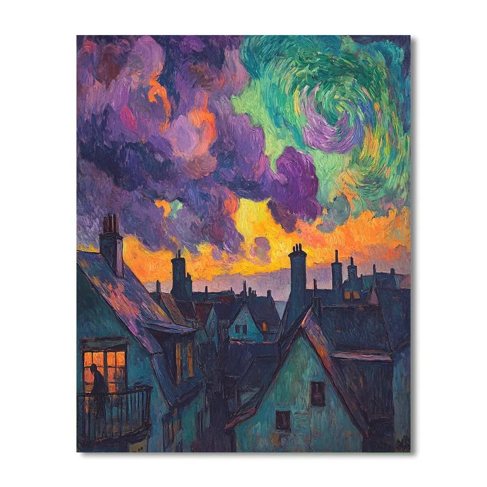 Edvard Munch Inspired Storm Over City Rooftops paint by number