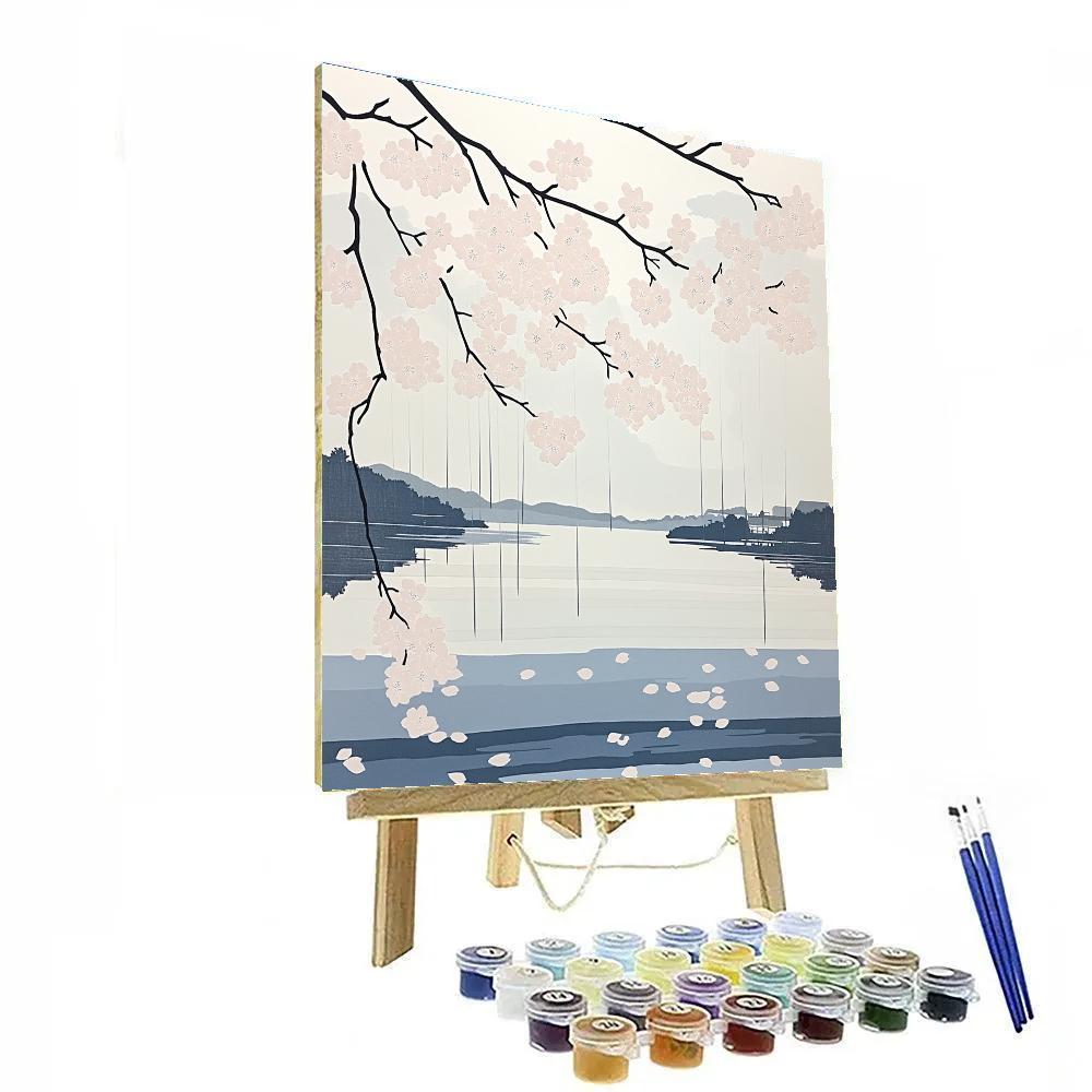 Hokusai Inspired Cherry Blossoms In Rain painting number kit