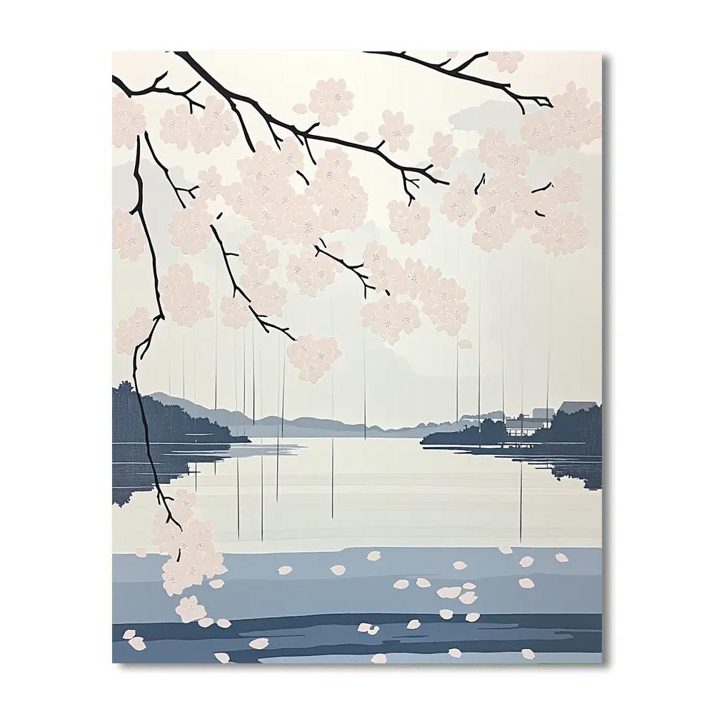 Hokusai Inspired Cherry Blossoms In Rain painting number kit