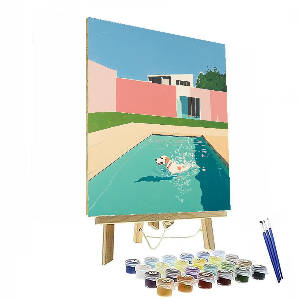 David Hockney Inspired Backyard With Swimming Dog paint by number