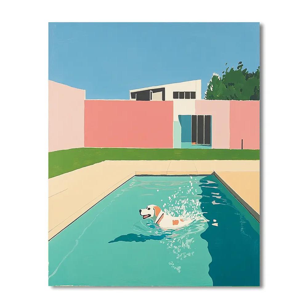 David Hockney Inspired Backyard With Swimming Dog paint by number