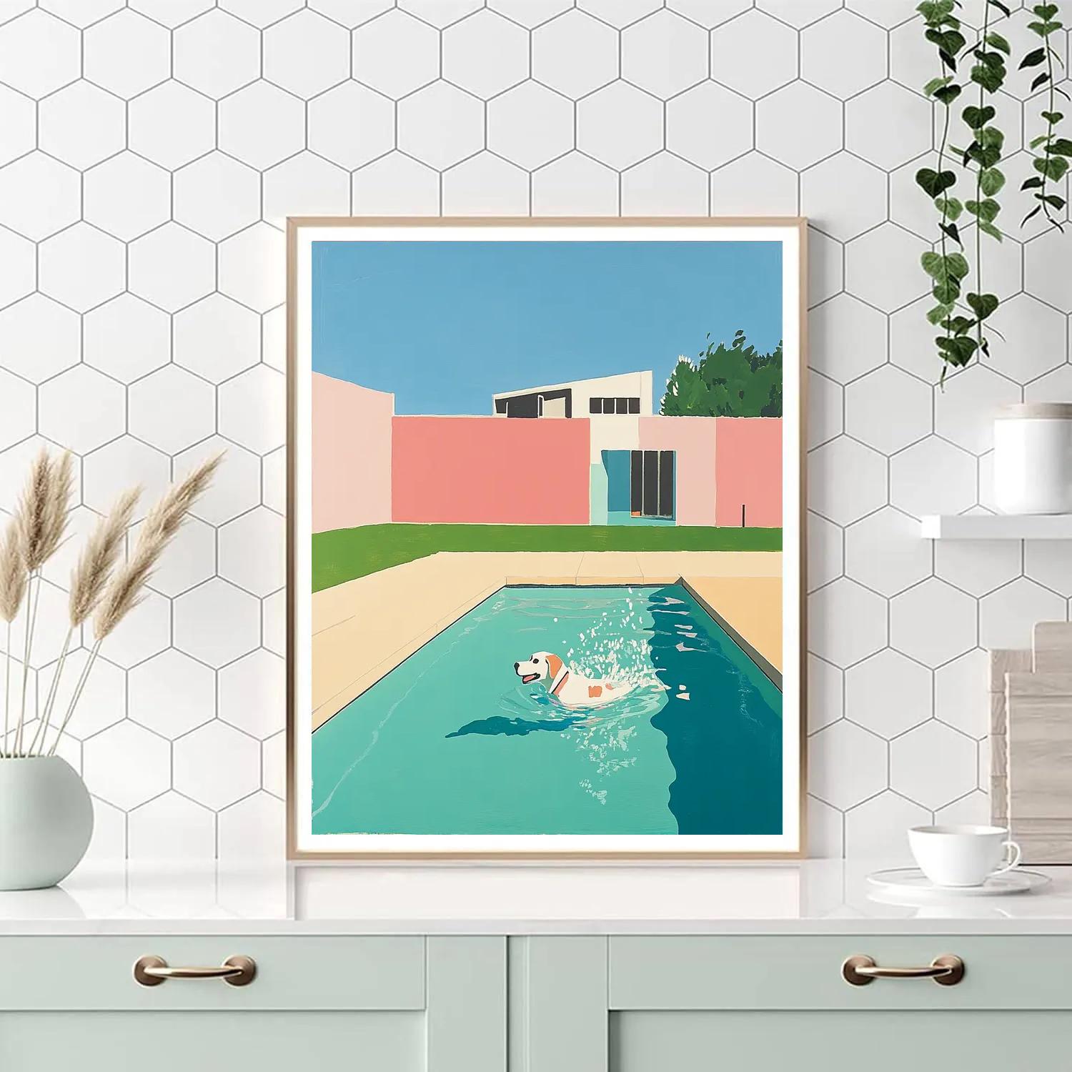 David Hockney Inspired Backyard With Swimming Dog paint by number