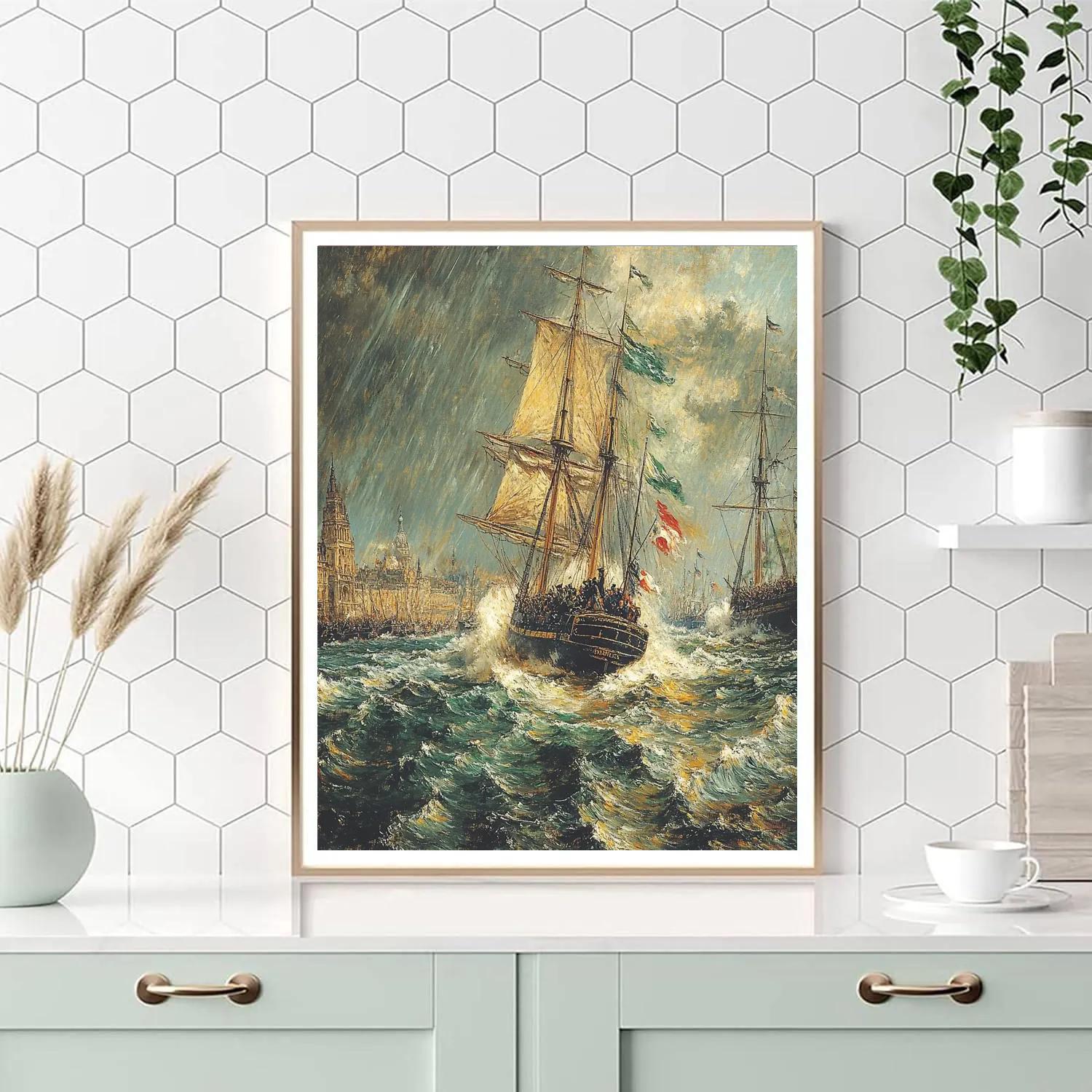 Delacroix Inspired Ship In Tempestuous Harbor DIY paint by numbers