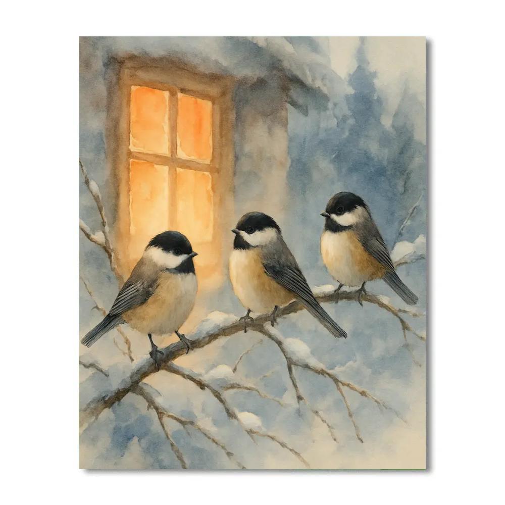 Winter Window Chickadees On Snowy Branches paint by numbers