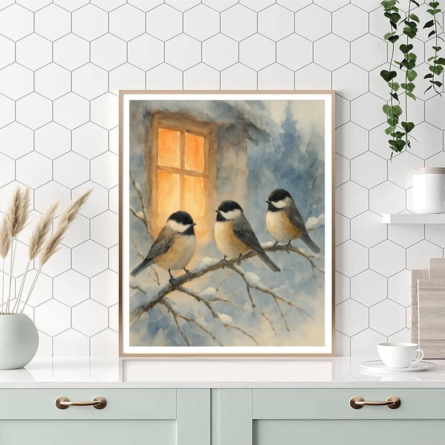 Winter Window Chickadees On Snowy Branches paint by numbers