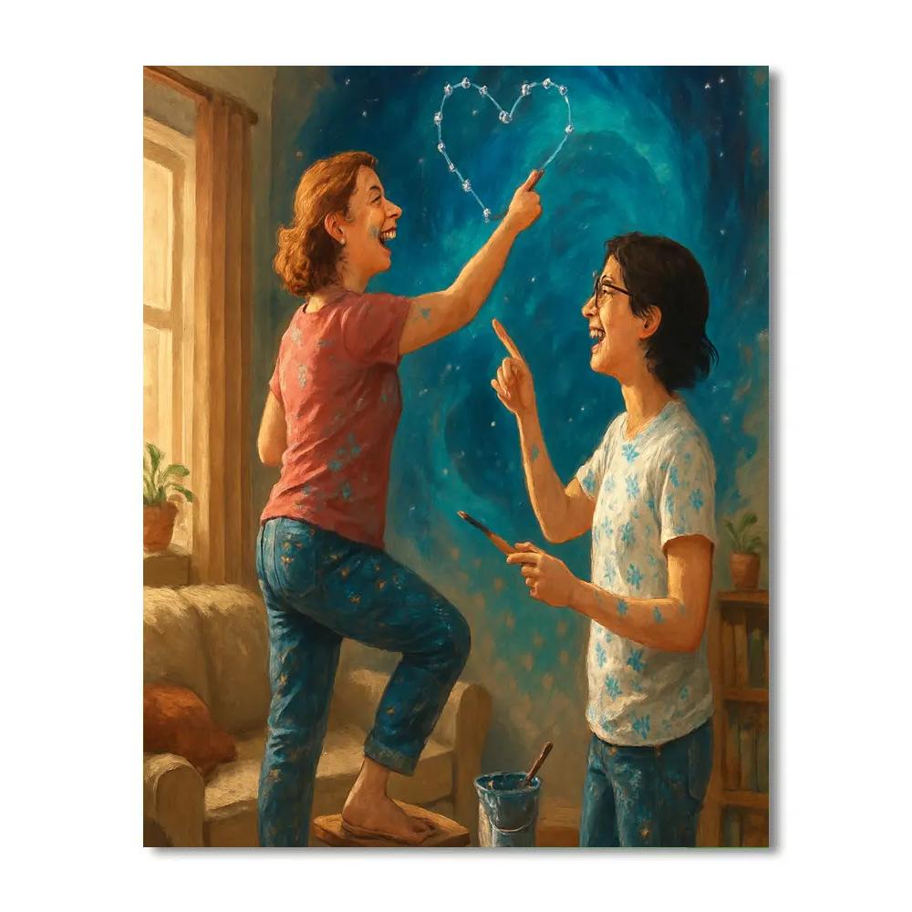 Mother And Teen Painting A Constellation Mural paint by numbers