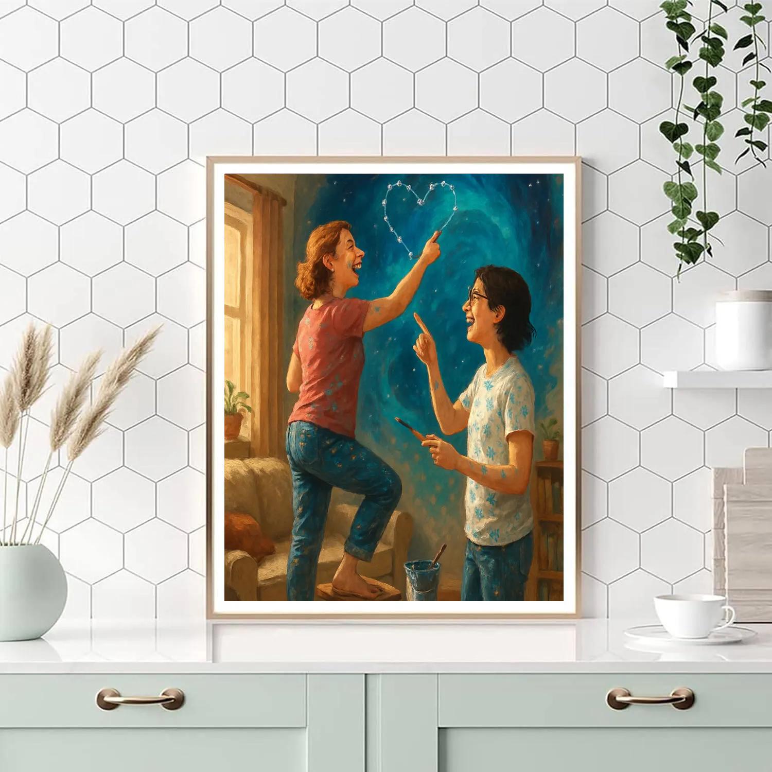 Mother And Teen Painting A Constellation Mural paint by numbers