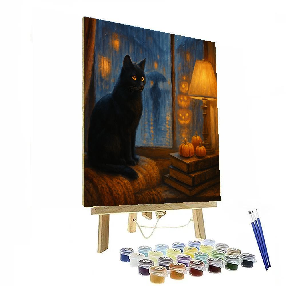 Black Cat Window Watch In Autumn Rain paint by numbers
