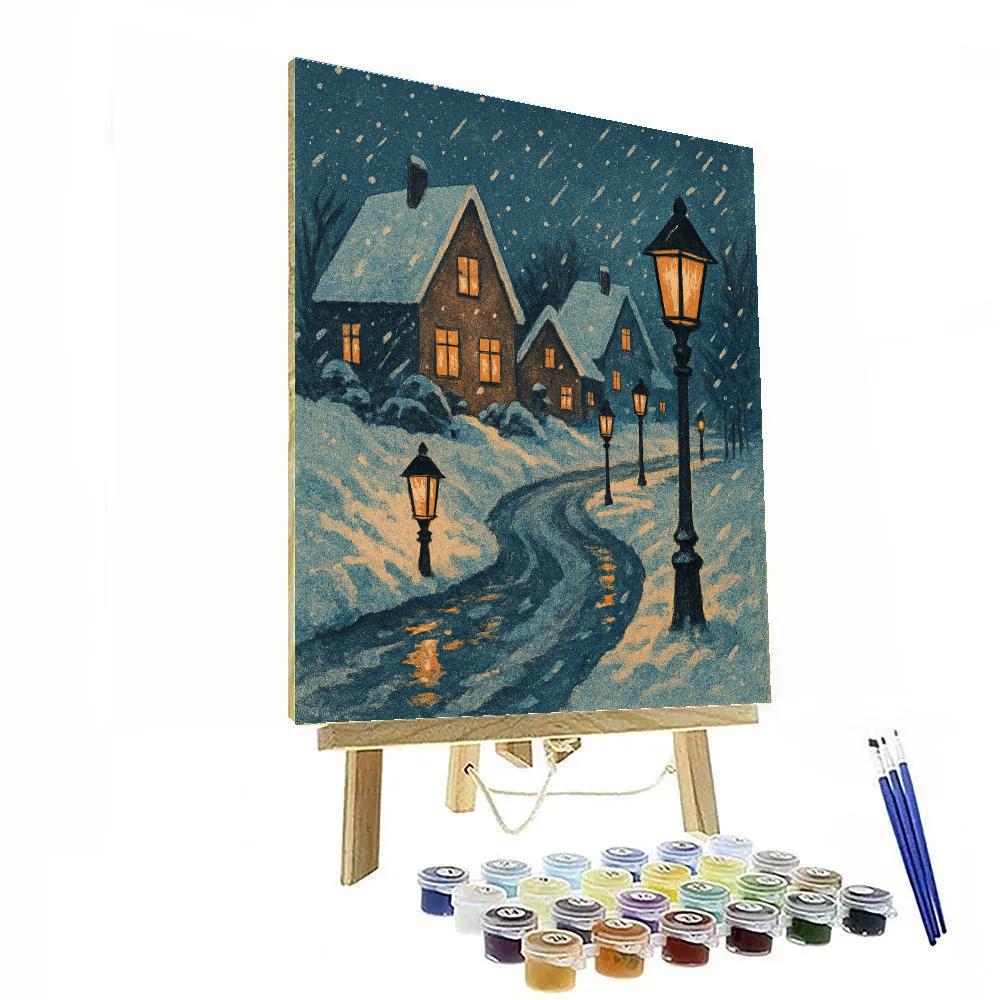 Snowy Village Lantern Path Paint by numbers art