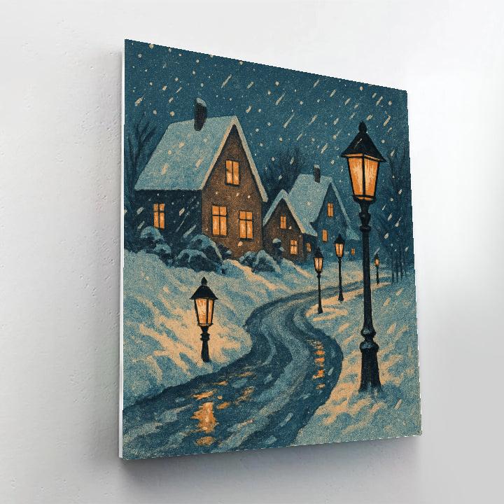 Snowy Village Lantern Path Paint by numbers art