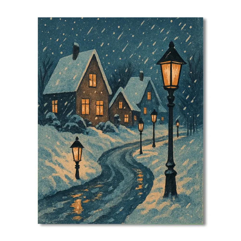 Snowy Village Lantern Path Paint by numbers art