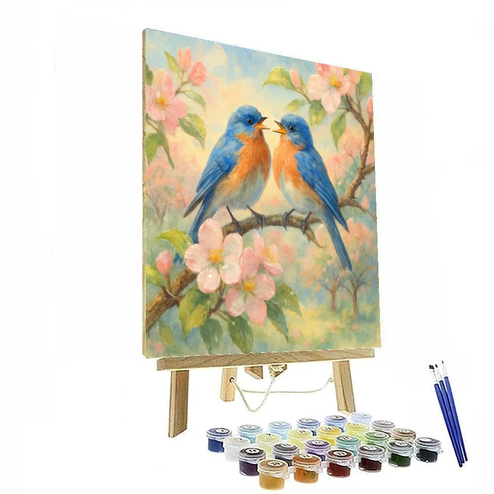 Morning Orchard Bluebirds On Dewy Branches paint by color