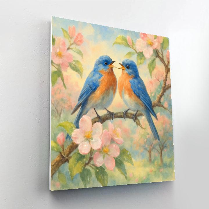 Morning Orchard Bluebirds On Dewy Branches paint by color