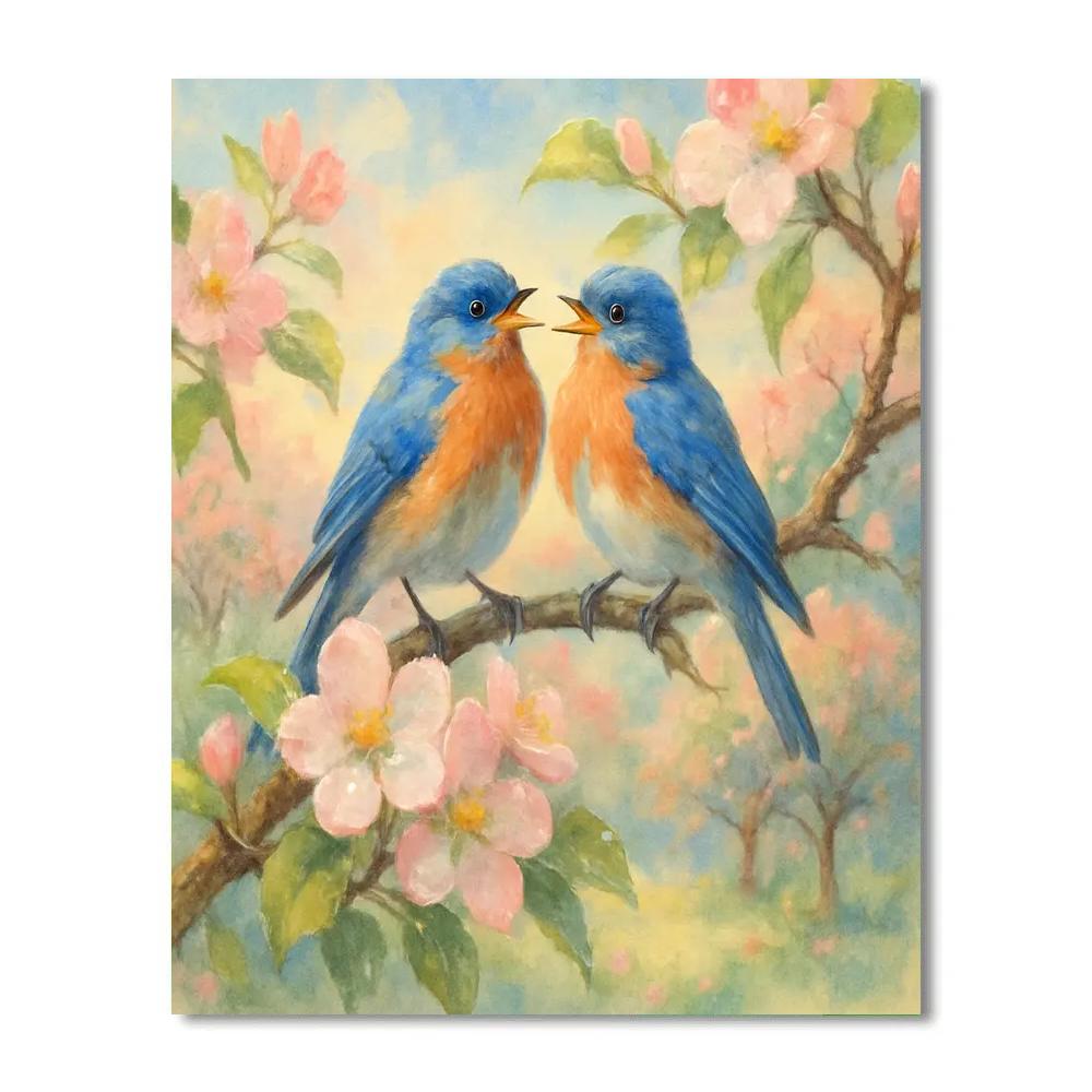 Morning Orchard Bluebirds On Dewy Branches paint by color