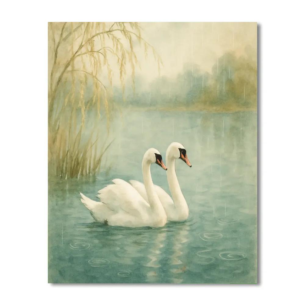 Lakeside Swans In Gentle Rain paint by numbers