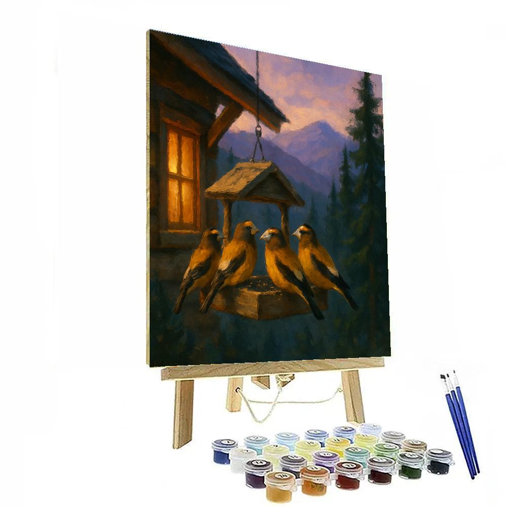 Mountain Cabin Grosbeaks In Evening Glow paint by color