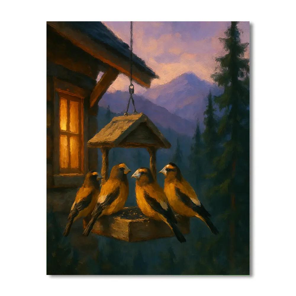 Mountain Cabin Grosbeaks In Evening Glow paint by color