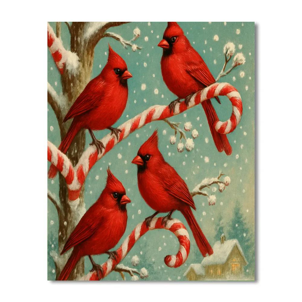 Cardinal Choir On Candy Cane Branches Paint by numbers art