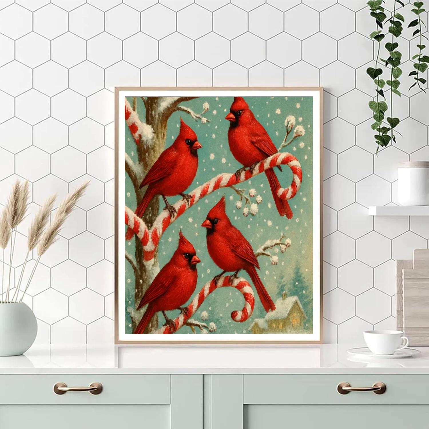 Cardinal Choir On Candy Cane Branches Paint by numbers art