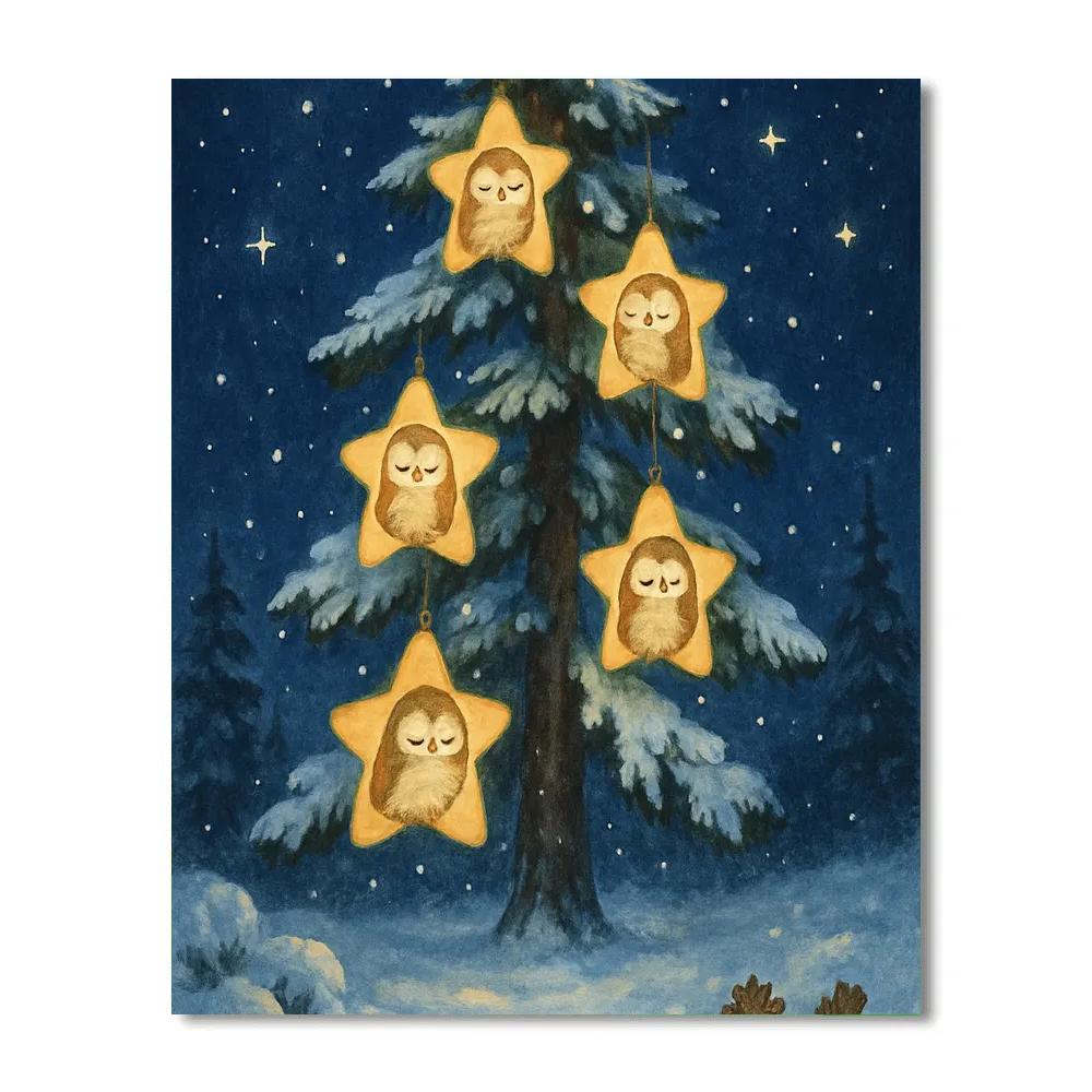 Winter Owls In Star Lantern Tree paint by number
