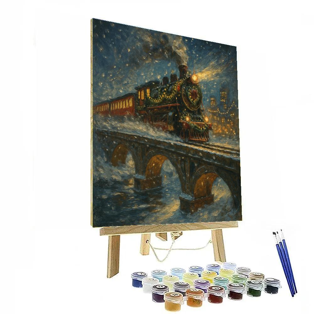 Christmas Train Through Snowy City Bridge paint by color