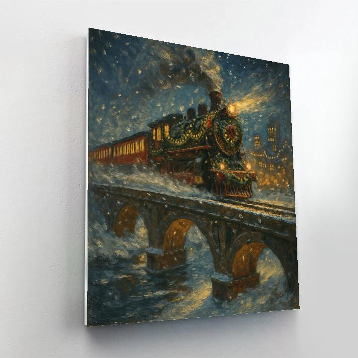 Christmas Train Through Snowy City Bridge paint by color