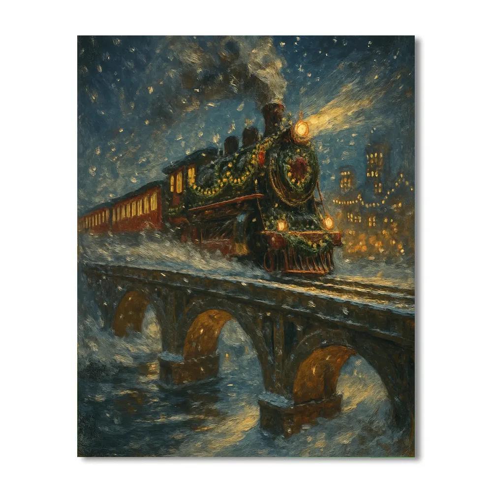Christmas Train Through Snowy City Bridge paint by color