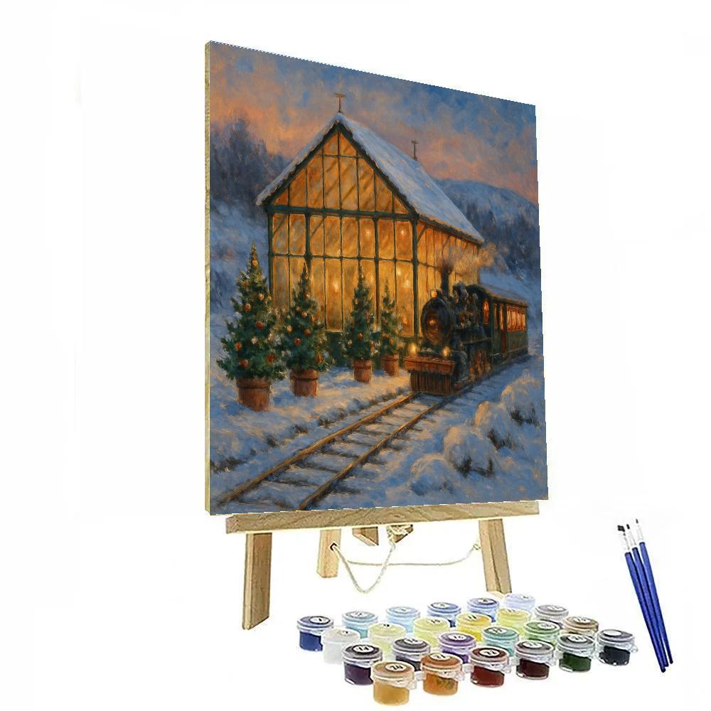 Cozy Christmas Greenhouse Train Station paint by color