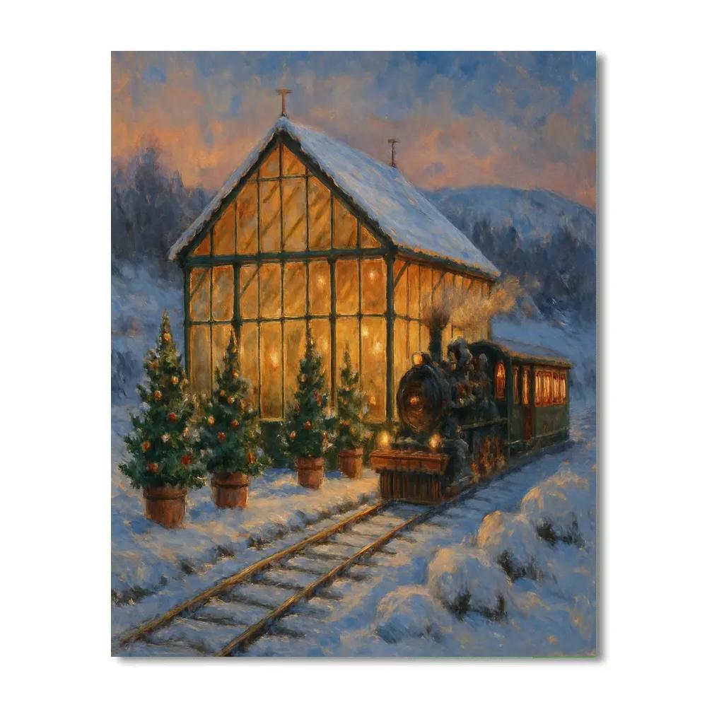 Cozy Christmas Greenhouse Train Station paint by color