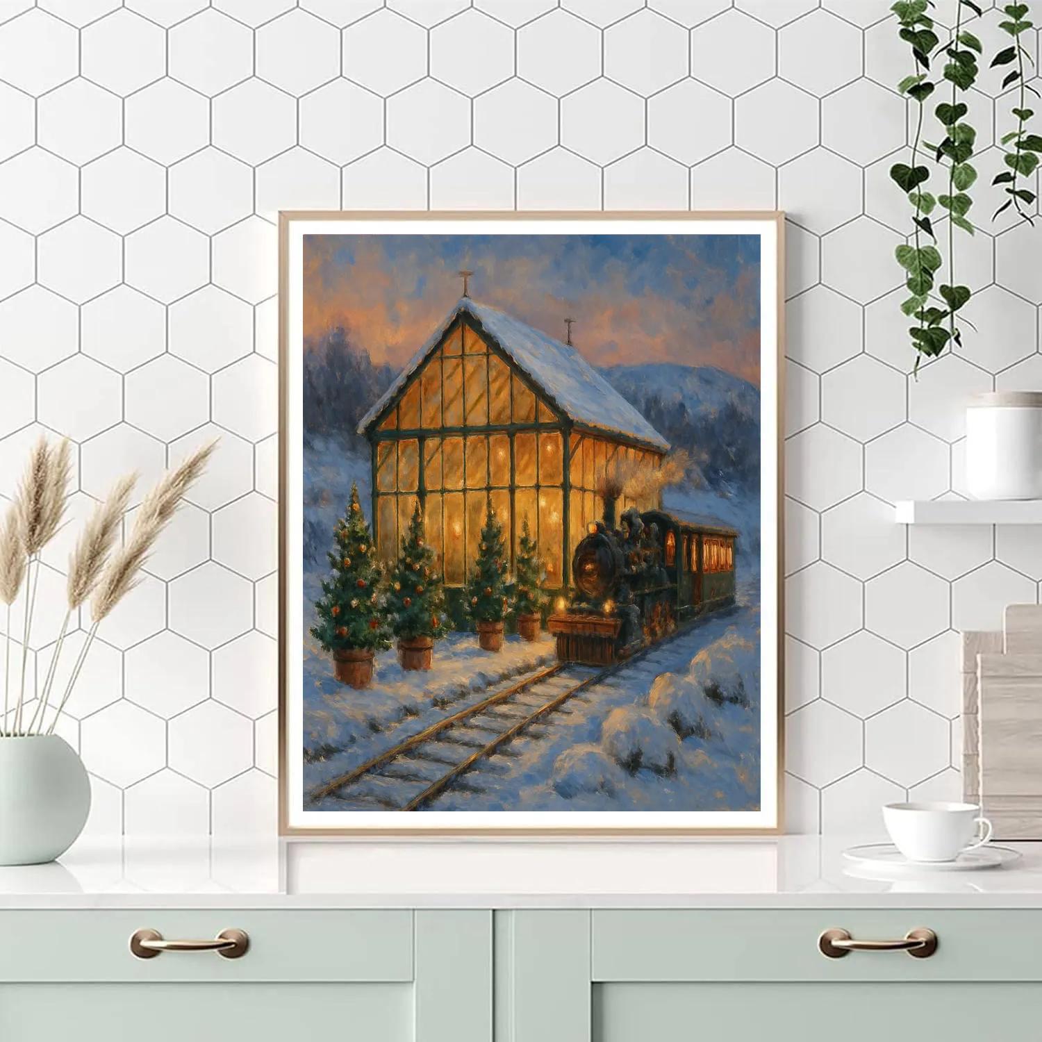 Cozy Christmas Greenhouse Train Station paint by color