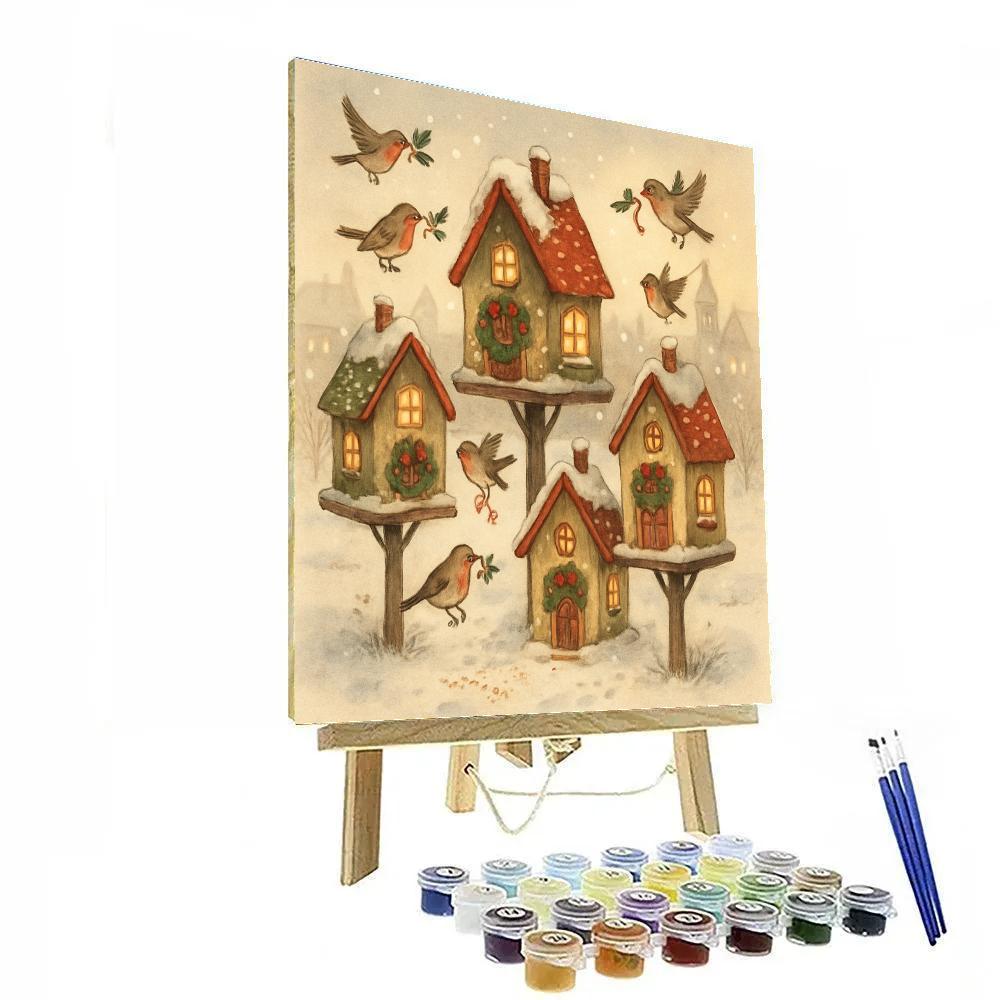 Snowy Town Square Birdhouse Village Number painting