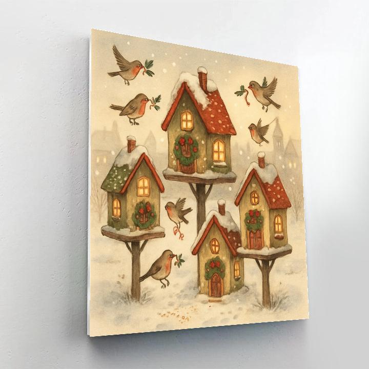 Snowy Town Square Birdhouse Village Number painting