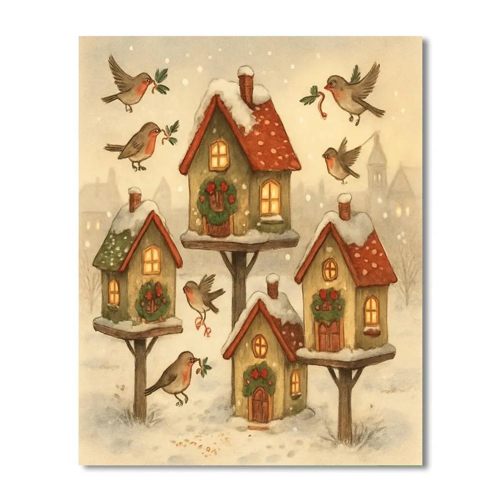 Snowy Town Square Birdhouse Village Number painting