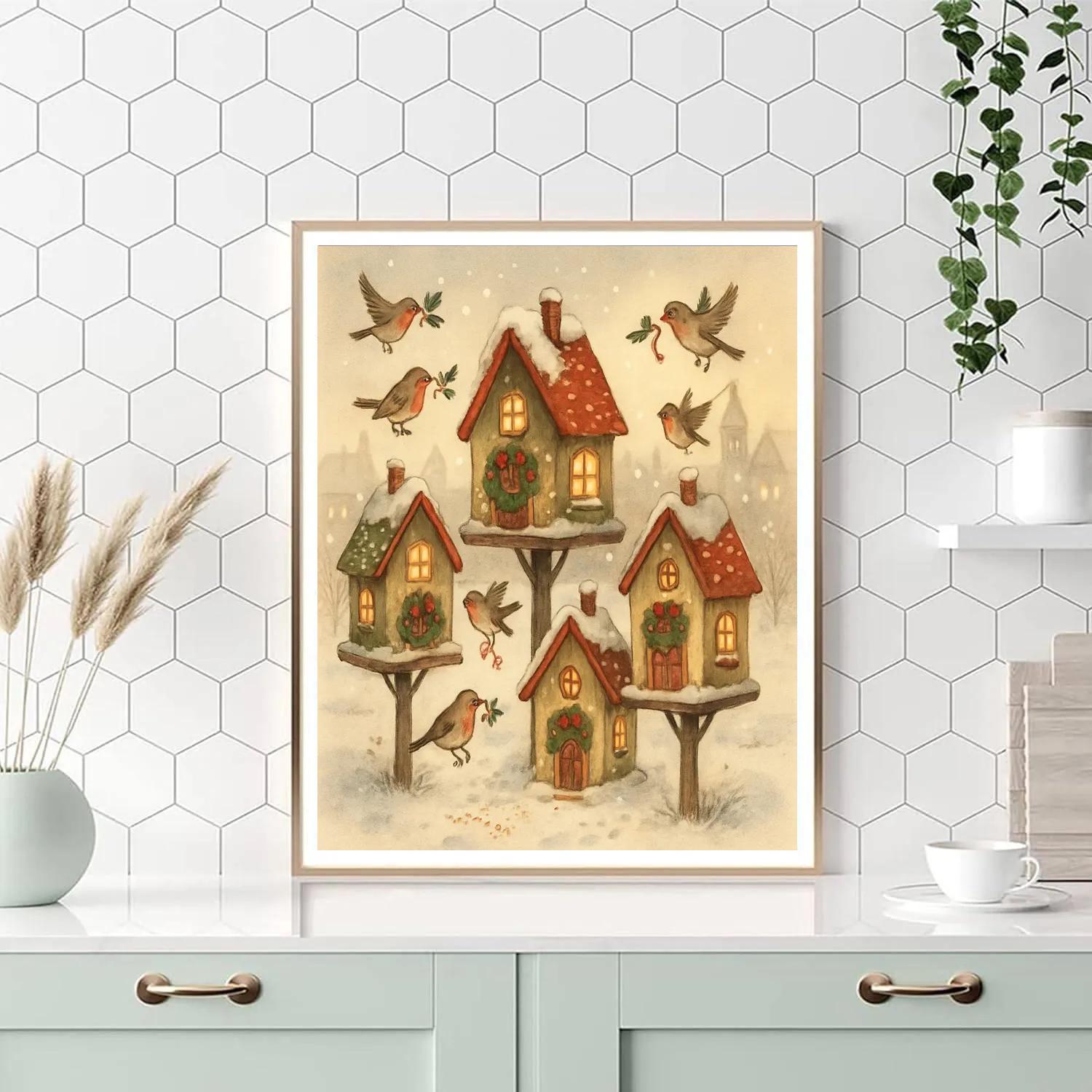 Snowy Town Square Birdhouse Village Number painting